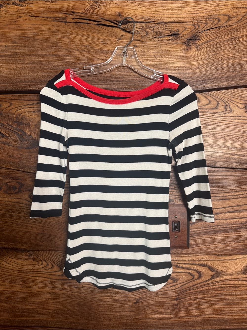 GAP Black & White Striped Long Sleeve Top with Red Neck Trim